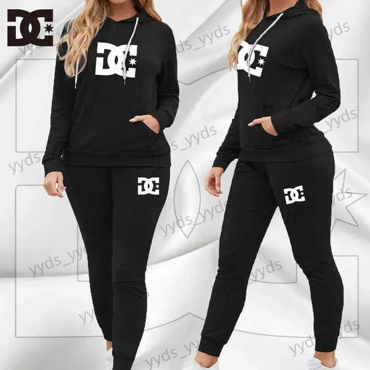 Women's Two Piece Pants 2023 New Printed Women's Tracksuit Solid Color Sports Style Hooded Hoodies +pants 2PCS Sets Clothing Windproof Woman Clothing T240124