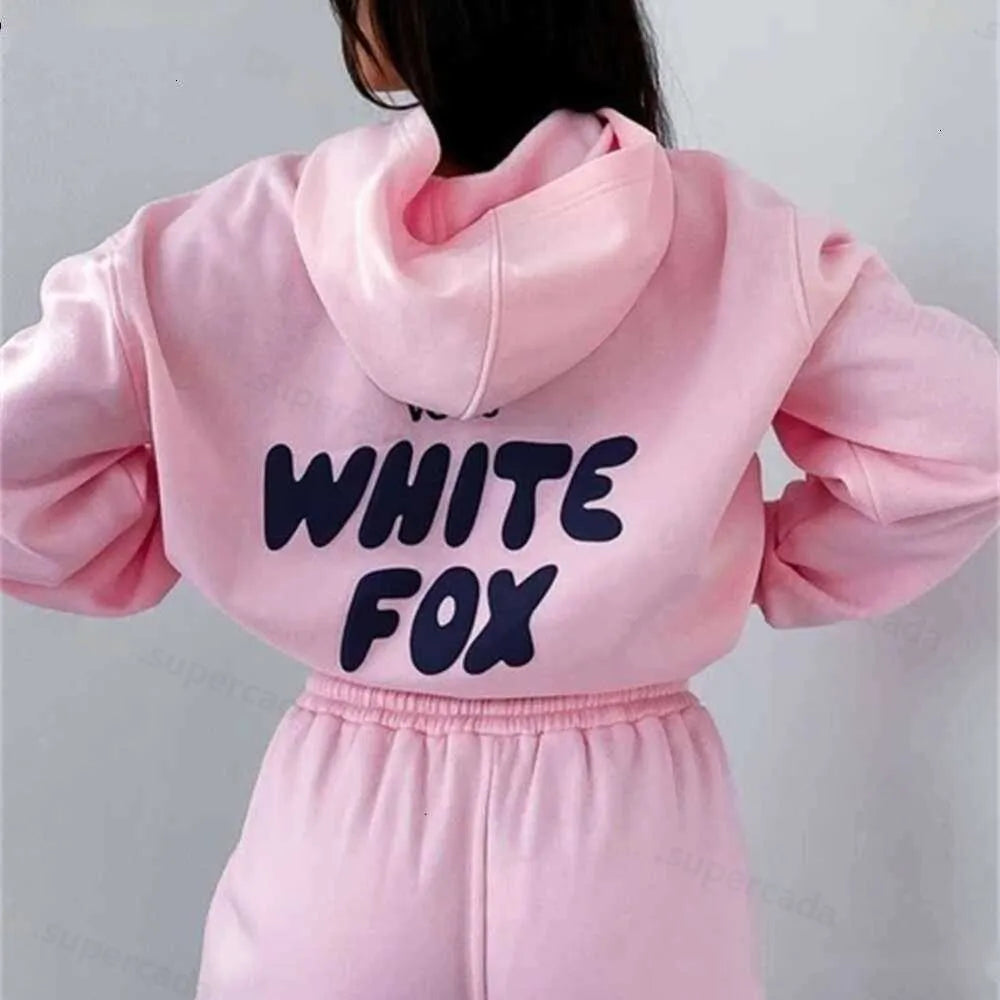 Sweatshirts WF-Women Women's Hoodies Letter Print 2 Piece Outfits FOX Cowl Neck Long BLACK WHITE Sleeve Sweatshirt and Pants Set Tracksuit Pullover Hooded Sports suit