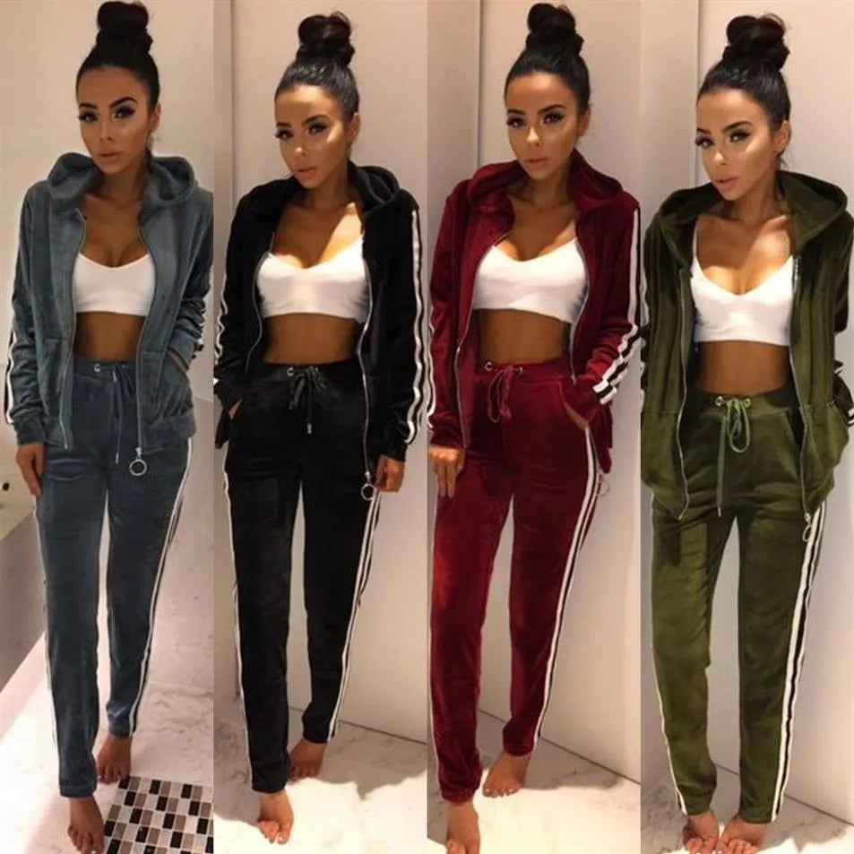 Women's Tracksuits New Arrival Womens Strip Spliced Velvet Tracksuit Winter Two Piece Set Top and Pants Full Sleeve Casual Velour Swea269o