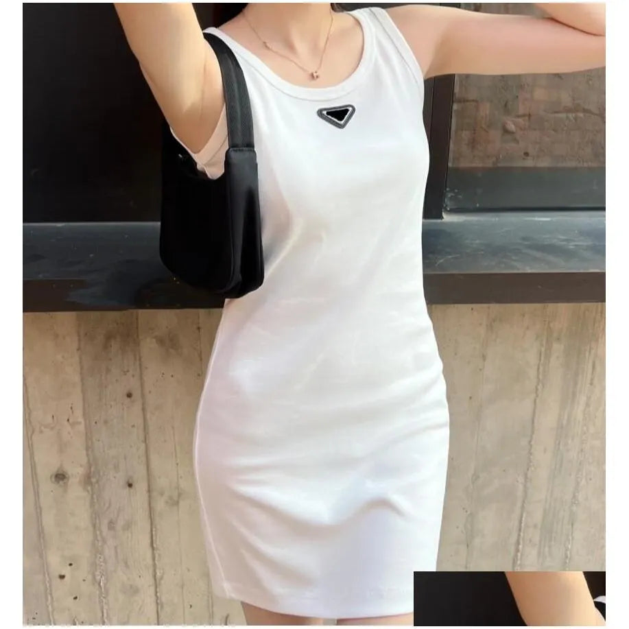 Basic Casual Dresses P-Ra Designer Womens Summer Fashion Brands Tops Tank Dress Knitted Cotton U Neck Sleeveless Solid Sexy Elasti Dhvvp