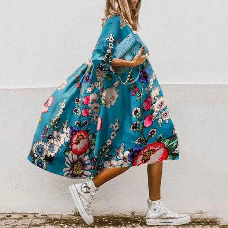 Casual Dresses 2023 Floral Print Oversized Women Elegant O Neck Half Sleeve A-Line Midi Dress Summer Boho Sundress Party Dreses Vestidos