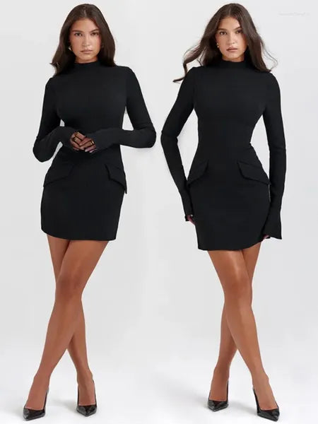 Casual Dresses Elegant Dark Blue Solid High Waist Mini Dress Women Fashion With Pocket Long Sleeve Bodycon Chic Party Club Robes