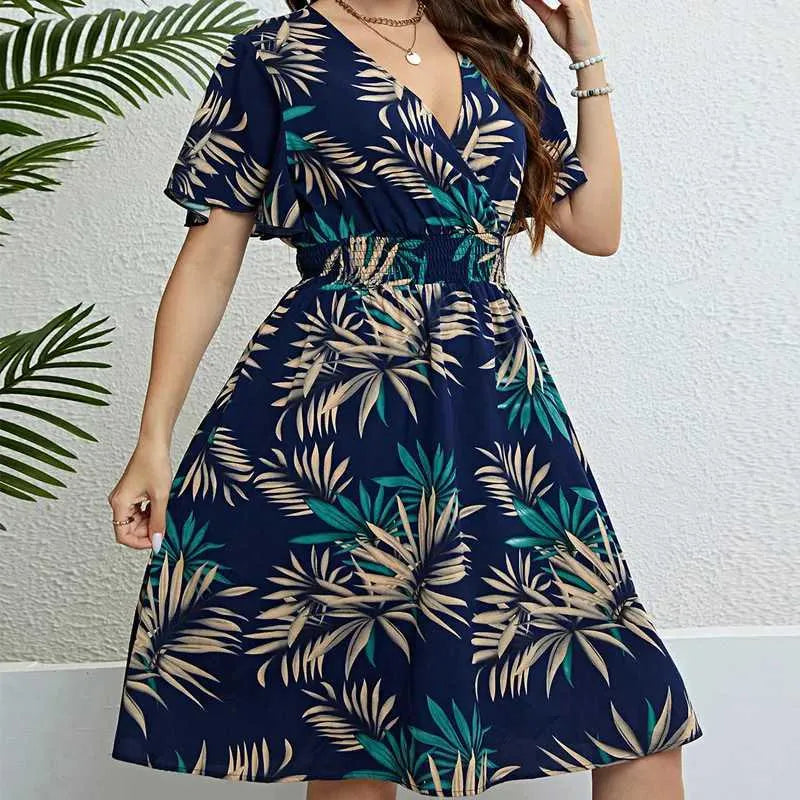 Basic Casual Dresses Plus Size Women Summer Dress Loose Fit Pleat Bohemian Elegant Girls Doll Dress Beach Oversize Short Slve Printed Women Dresses Y240429