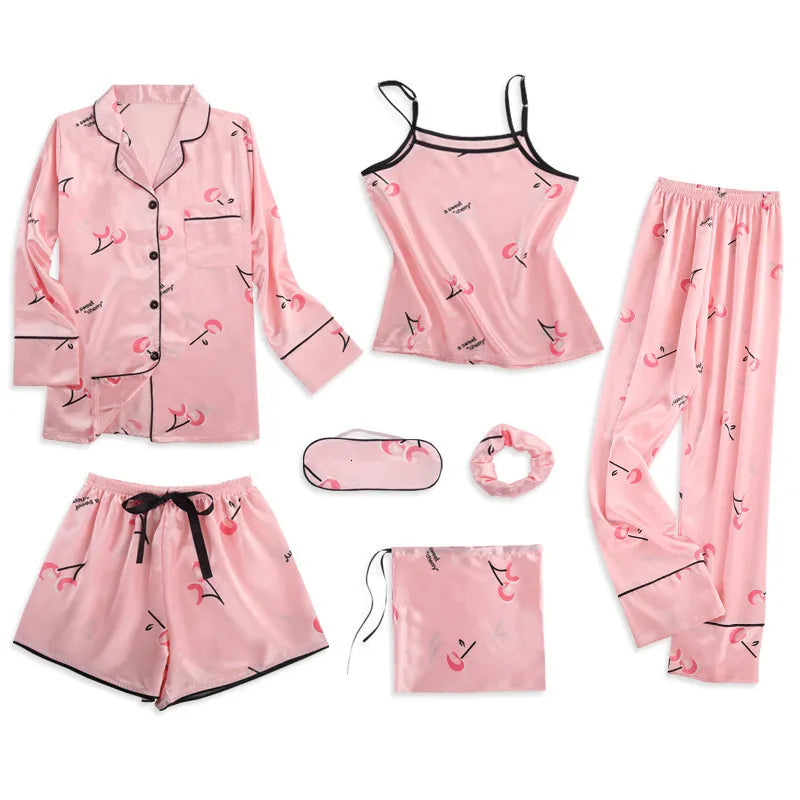 Womens Sleepwear Strap Pyjamas 7 Pieces Pink Pajamas Sets Satin Silk Lingerie Homewear Set Pijamas For Woman 221118 1