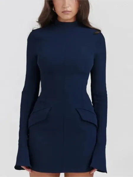 Casual Dresses Elegant Dark Blue Solid High Waist Mini Dress Women Fashion With Pocket Long Sleeve Bodycon Chic Party Club Robes