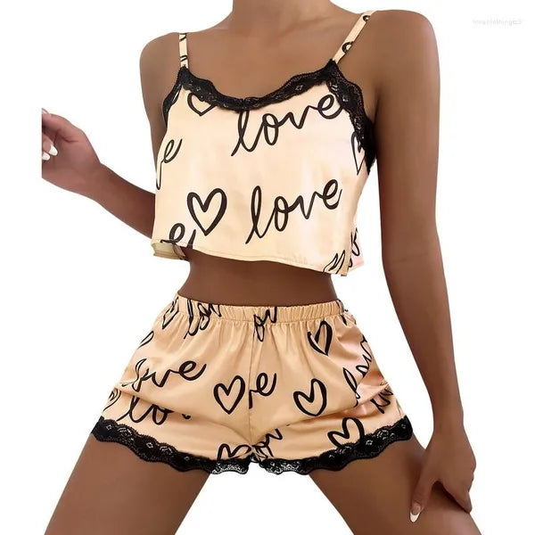 Women's Sleepwear Two Pieces Set Women'S Pajama Shorts Suit Print Underwear Pijama Sexy Lingerie Camisoles Tanks Nighty Ladies