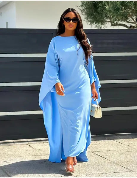 Casual Dresses Autumn Fashion Satin Party Dress Robe Abaya Muslim Women Elegant Solid Round Neck Bat Sleeves Loose Maxi