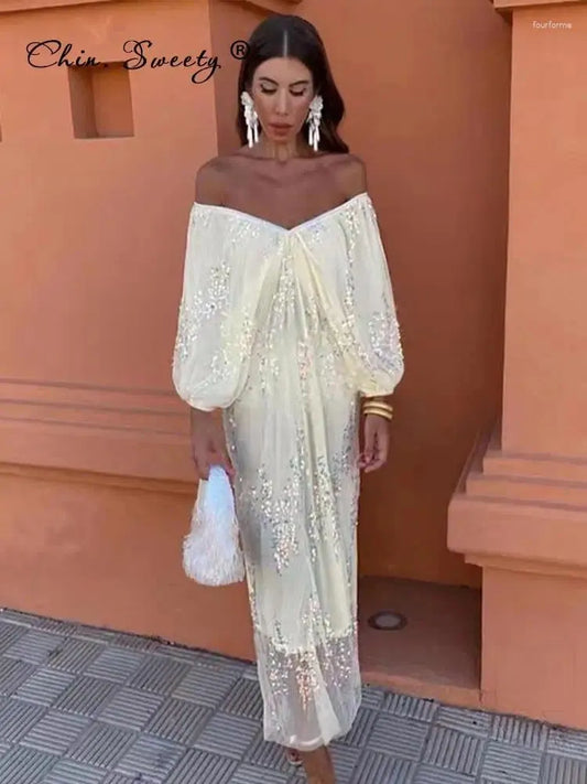 Casual Dresses Elegant Sequins Off Shoulder Pleated Party Dress Women Mesh Oversized Lantern Sleeve Midi Female Backless Evening Robe