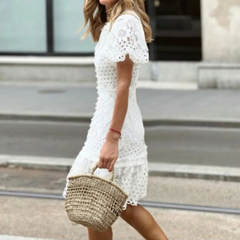 Basic Casual Dresses Women Clothing Lace V Neck Short Sleeve Wrap Hip Dress Fashion Embroidered Button Party Dress White Beach Mini Dresses Vestidos 230519