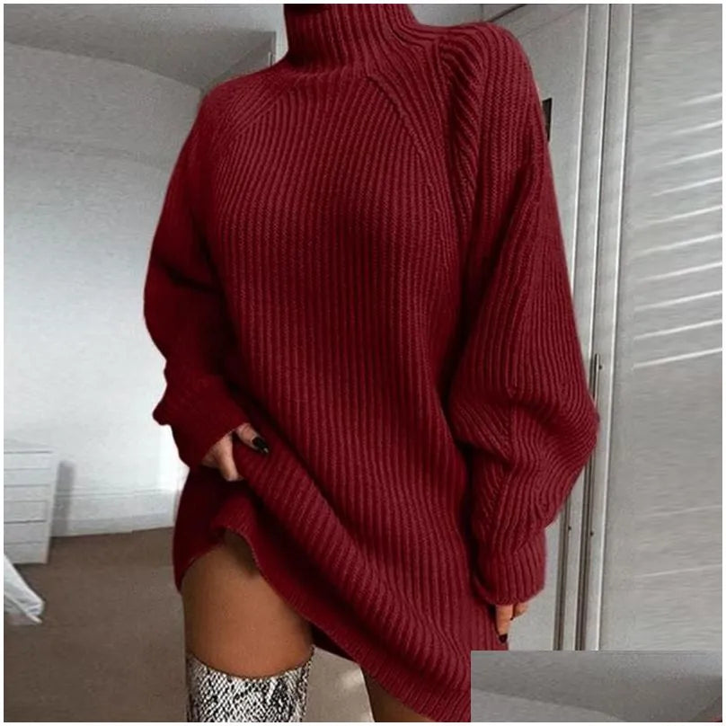 Basic Casual Dresses Autumn Solid Long Sleeve Elegant Mini Sweater Dress Plus Size Winter Clothes Women Turtleneck Oversized Knitted Dhz0C