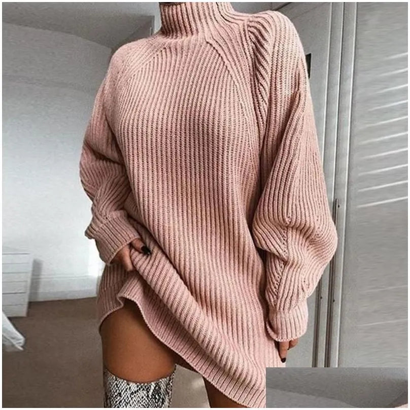 Basic Casual Dresses Autumn Solid Long Sleeve Elegant Mini Sweater Dress Plus Size Winter Clothes Women Turtleneck Oversized Knitted Dhz0C