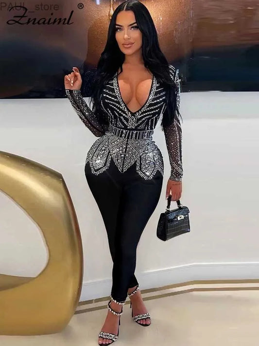 Women's Jumpsuits Rompers Znaiml Luxury Deep V-neck Mesh Long Sleeve Night Club Party Romper Birthday Outfits Women Sparkly Diamonds Rhinestone JumpsuitL231212