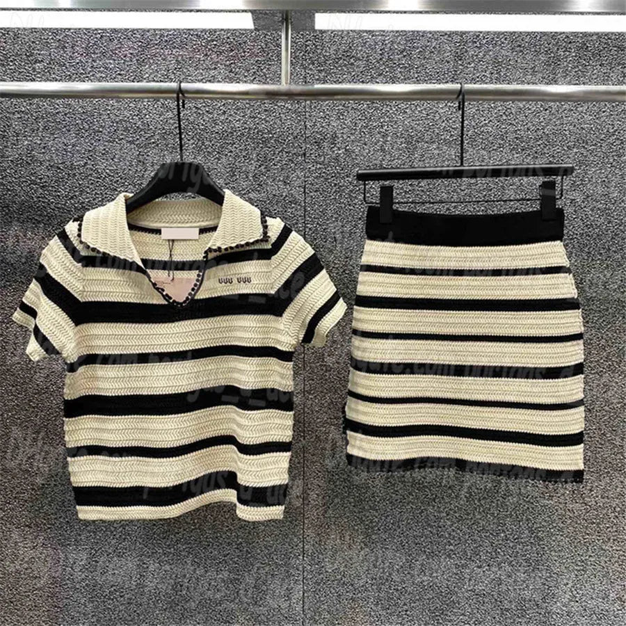 Luxury Women Dress Knits Set Striped Casual Short Sleeve Skirts Tops Outfits Designer Polo Knitted Dresses Sets