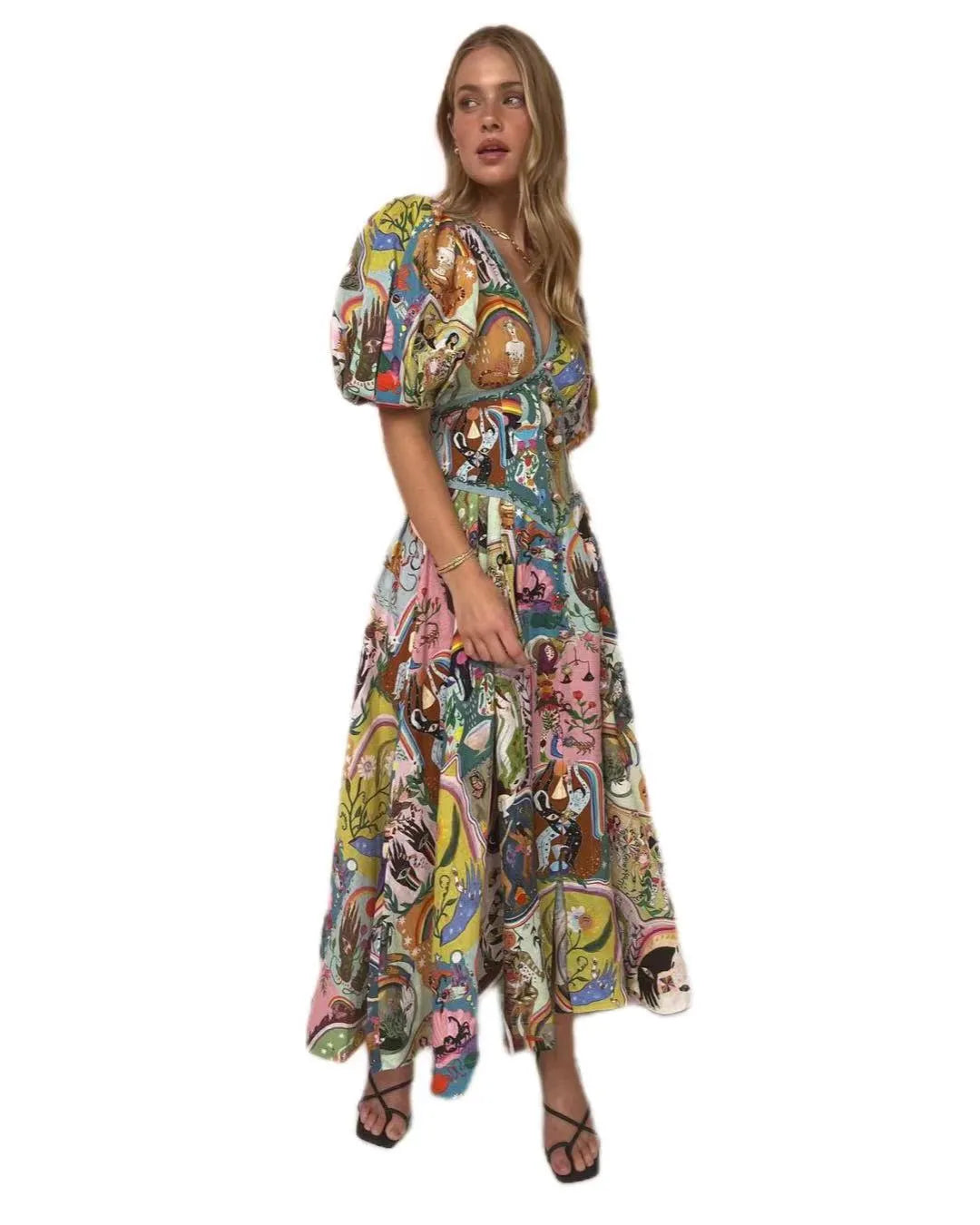 Australian Designer Fancy Womens Long Dress Abstract Pattern Gathered Waist Sleeveless Linen Positioning Print Pullover Short Sleeve V-neck Swing Dress