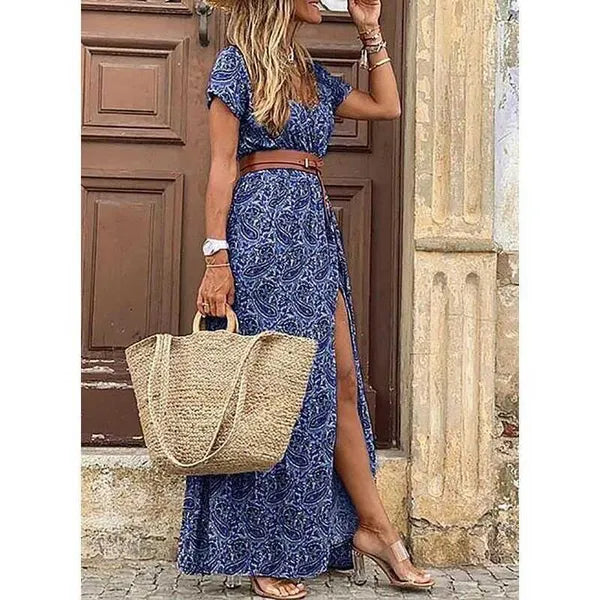 Women's Designer Summer Dress Fashion Bohemian V-neck Floral Elegant Beach Maxi Dresses For Woman Robes Vestidos Ladies Vacation Holidy Skirt