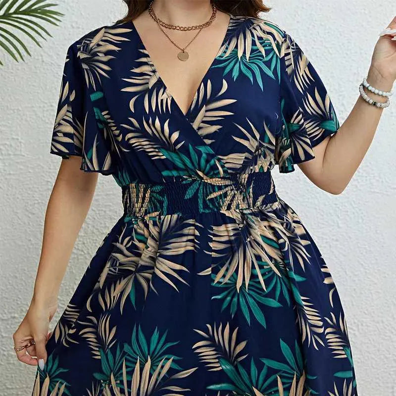 Basic Casual Dresses Plus Size Women Summer Dress Loose Fit Pleat Bohemian Elegant Girls Doll Dress Beach Oversize Short Slve Printed Women Dresses Y240429