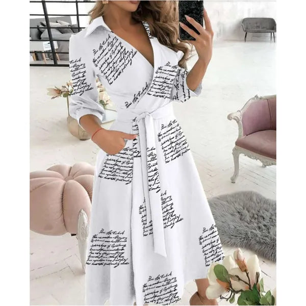 Designer Maxi Dresses For Women V Neck Long Shirt Chain Print Lapel Neck Party Dress Casual Long Sleeve Oversized Spring And Summer Ladies Full Length Skirt