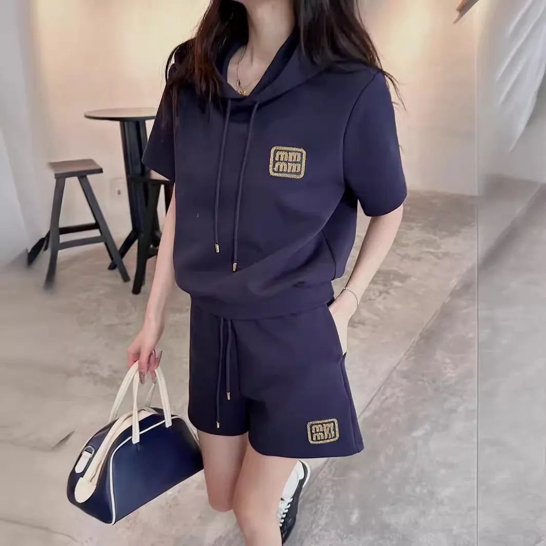 women designer clothes two piece set women miui 2024 New embroidered gold thread letter hooded short sleeved shorts set fashionable versatile