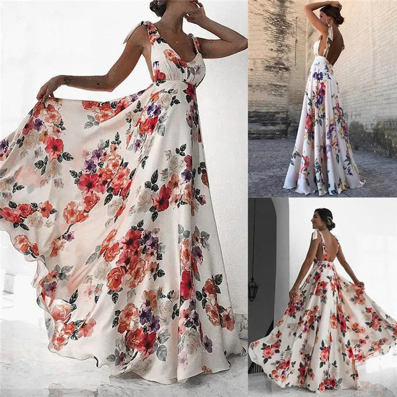 Casual Dresses Floral Print Dresses Women Summer Sleeveless V-Neck Backless Vintage Long Boho Party Cocktail Casual Loose Beach Pink Dress