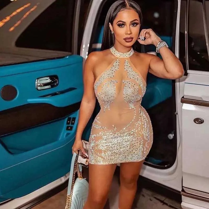 Casual Dresses Mesh Sheer See Through Sexy Party Dress for Women Party Club Night Mini Bodycon Dress Luxury Rhinestone Sparkly Birthday Dress T230210