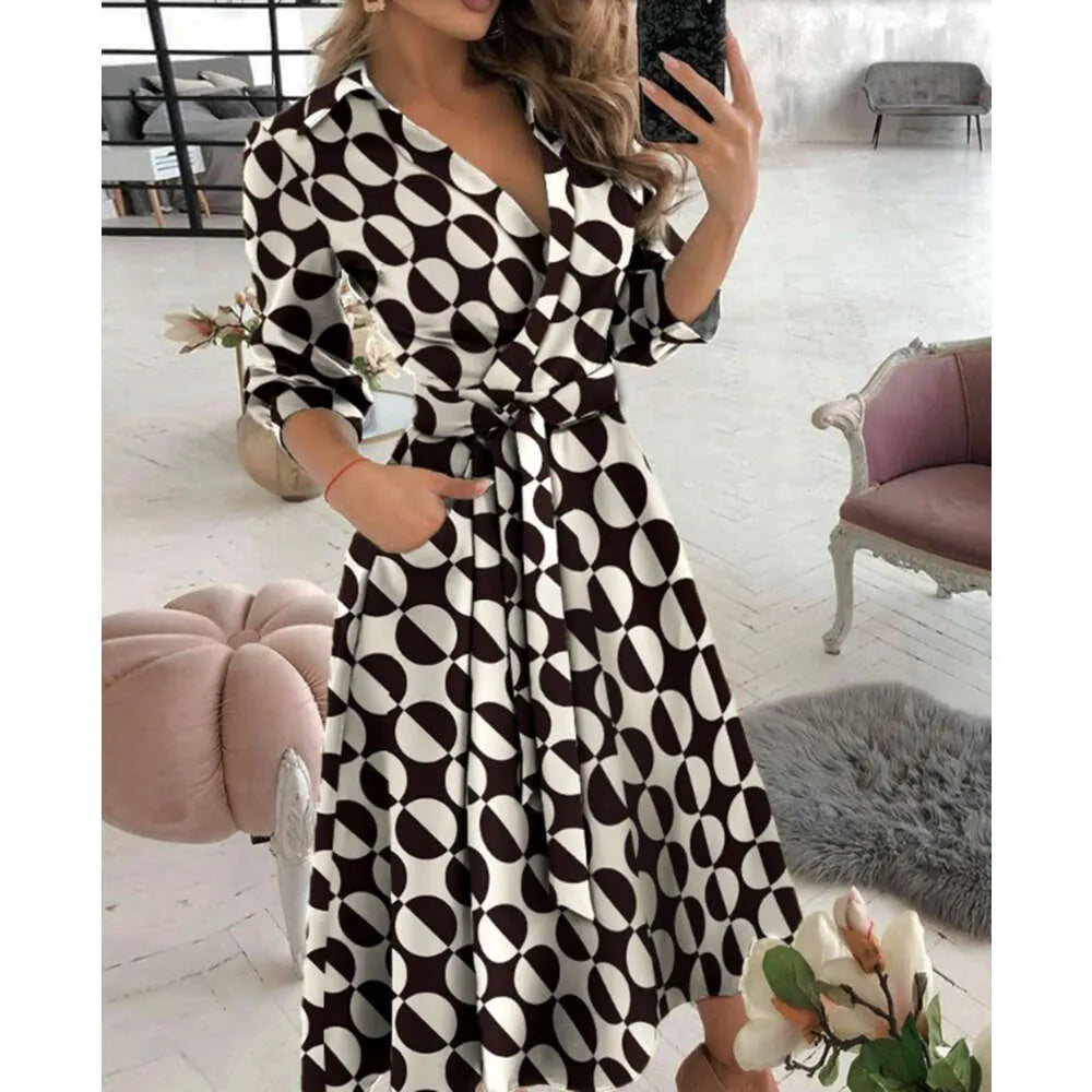 Designer Maxi Dresses For Women V Neck Long Shirt Chain Print Lapel Neck Party Dress Casual Long Sleeve Oversized Spring And Summer Ladies Full Length Skirt