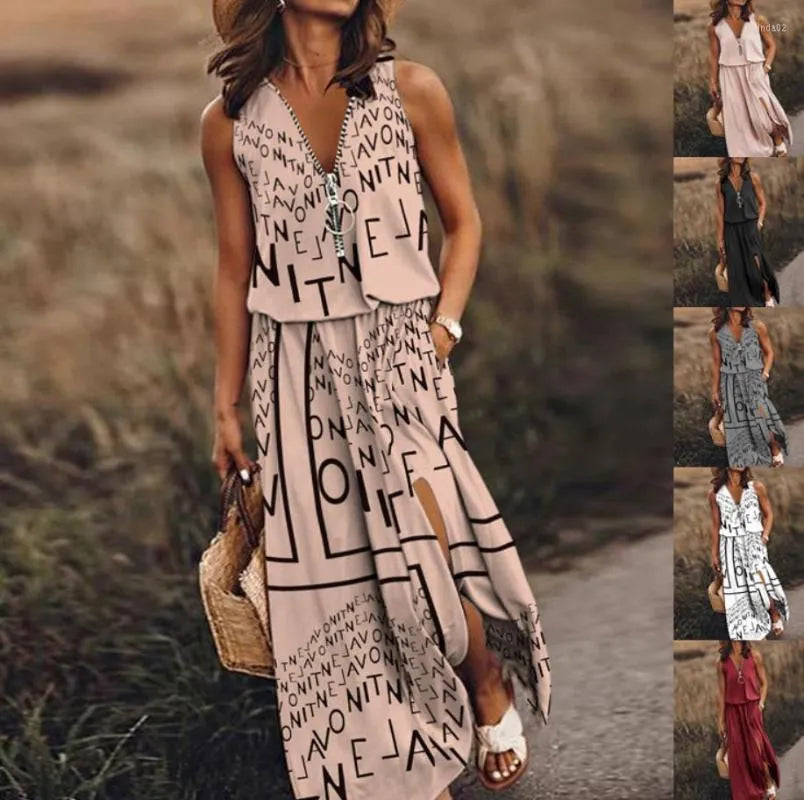 Casual Dresses Long Dress Summer Women Sleeveless Letter Print V Neck Zipper Pocket Split Up Beach Holiday For