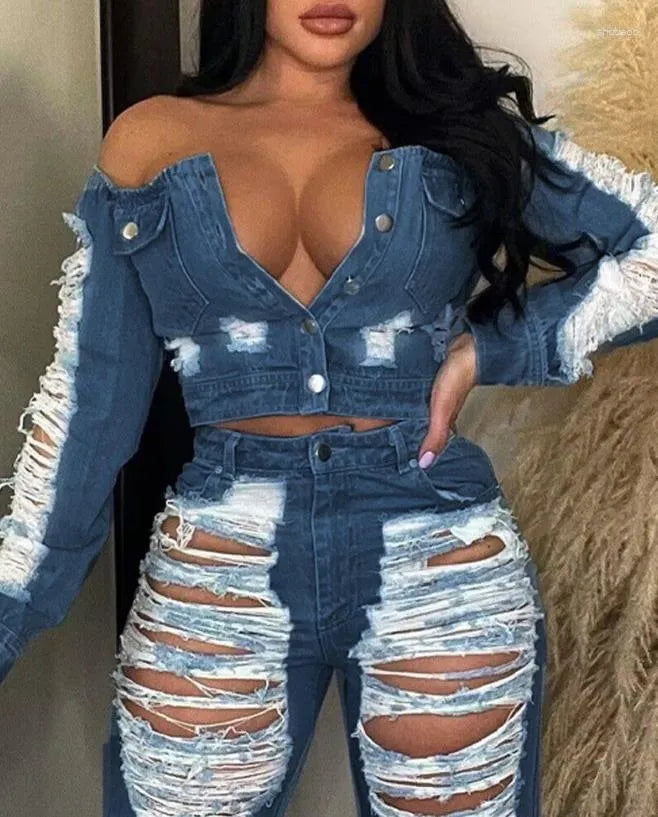 Women's Two Piece Pants Sexy Sets For Woman Outfit Denim High Waist Pocket Design Ripped Jeans 2023 Autumn Fashion Spicy Girl Attire