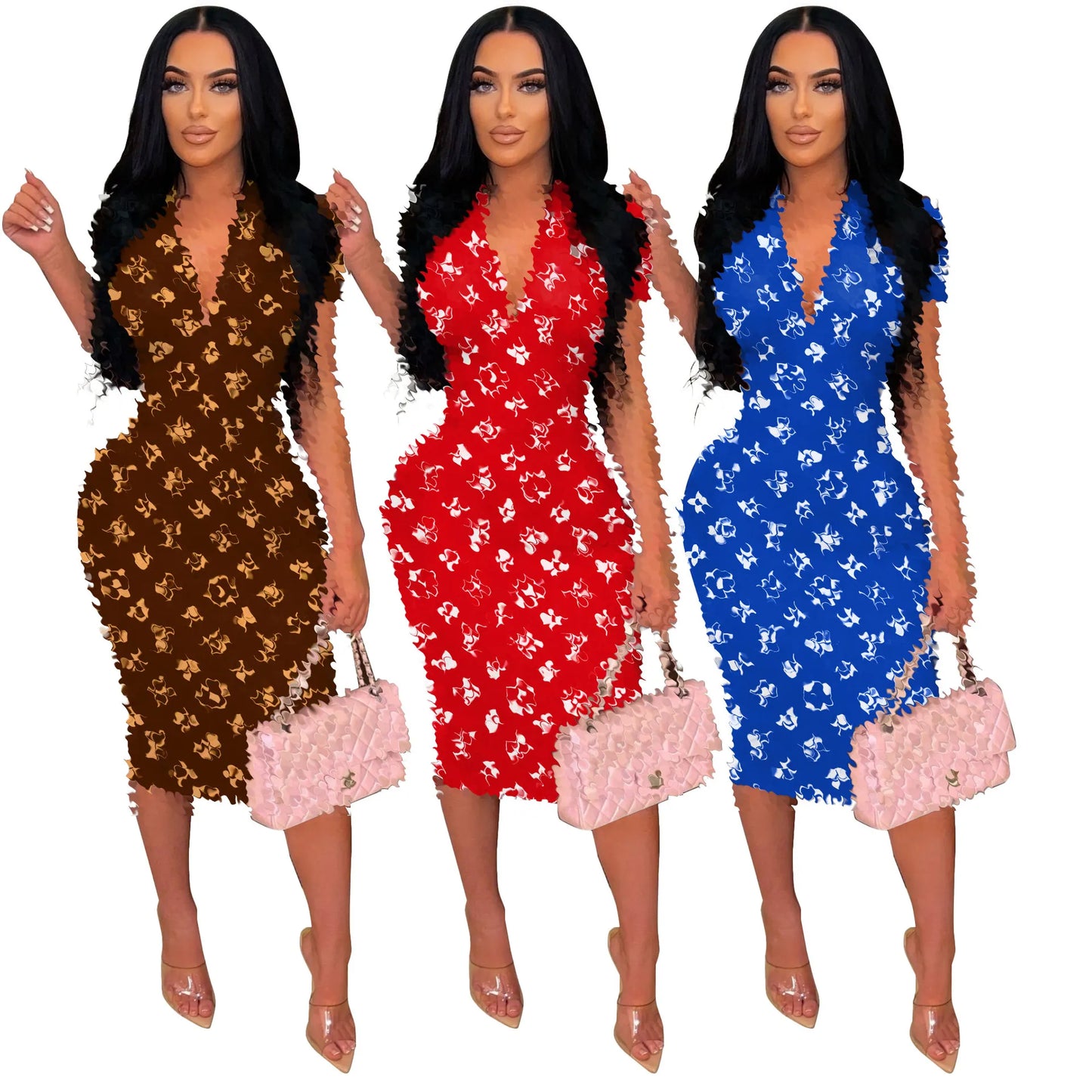 Sexy Deep V-neck Dresses Women Casual Print Slim Bodycon Pencil Dress Free Ship