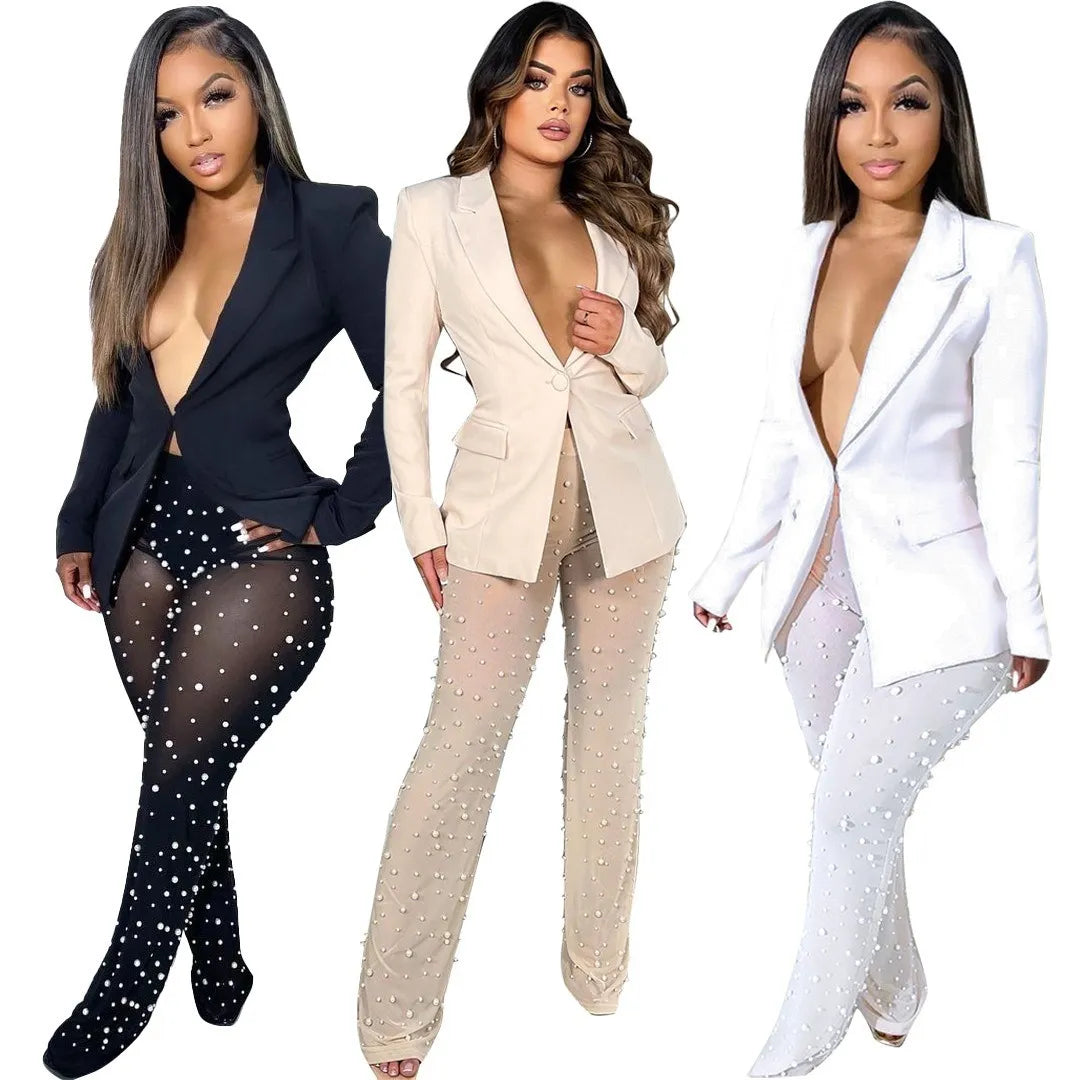 Womens Suits Blazers Two Piece Set Women Blazer Pearls Sheer See Through Mesh Pants Long Sleeve Single Button Jacket Coat Tracksuit Clothes For Women 230216