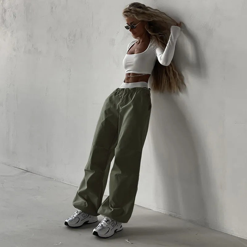 Women's Pants Capris Y2K High Waisted Drawstring Straight Cargo Pants High Street Casual Kpop Women Trousers Baggy Splice Punk Streetwear Pant 230615