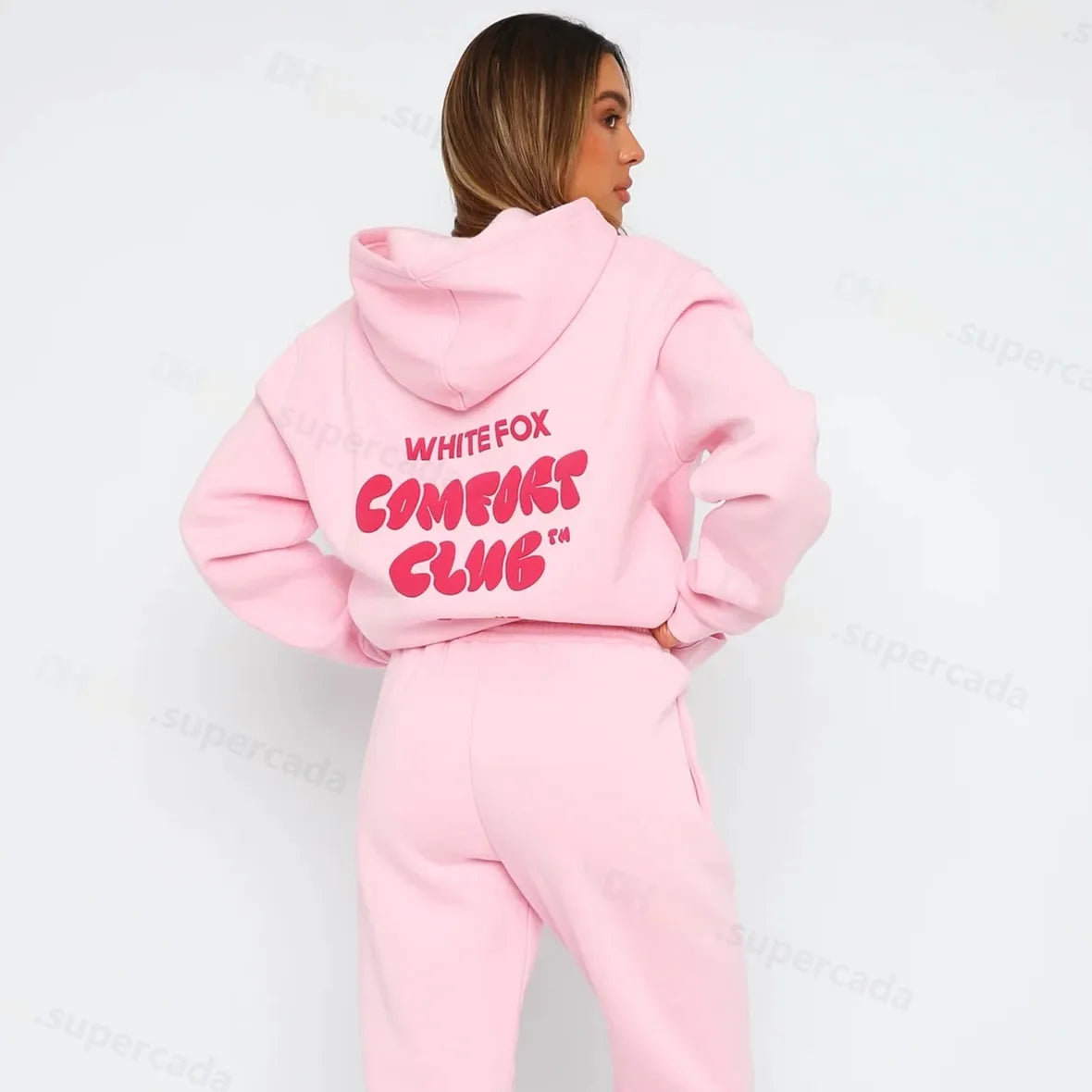 Sweatshirts WF-Women Women's Hoodies Letter Print 2 Piece Outfits FOX Cowl Neck Long BLACK WHITE Sleeve Sweatshirt and Pants Set Tracksuit Pullover Hooded Sports suit