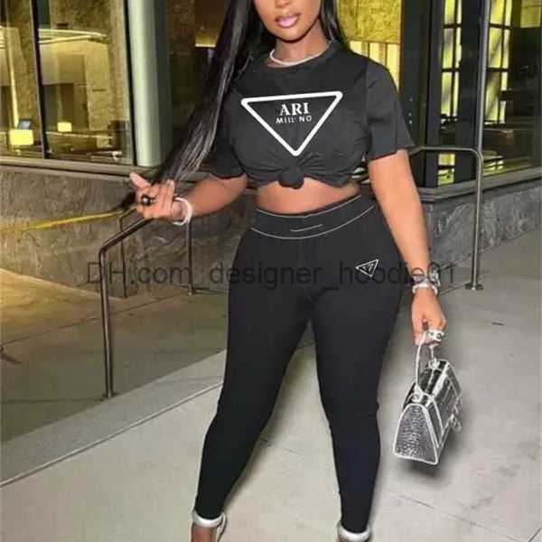 Women's Tracksuits Womens Clothing Designer Track Suit Casual Two Piece Set 2023 Summer Fashion Round Neck Short Sleeve LeisureTight pants Sets L230914