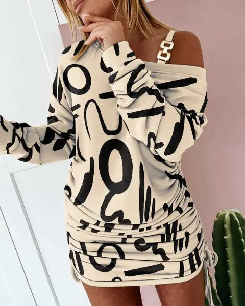 Designer One Shoulder Dresses 2023 Spring Women Plus Size 3XL Clothing New Printed Long Sleeve Skirt