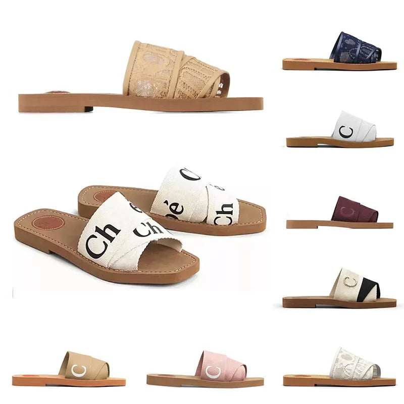 2024 Free Shipping top Woody sandals womens Mules flat slides Light tan beige white black pink blue lace Lettering canvas slippers womens summer outdoor indoor 35-42