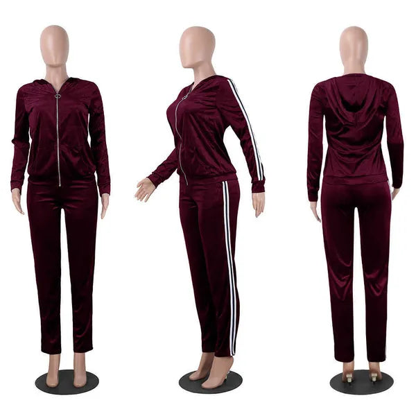 Women's Tracksuits New Arrival Womens Strip Spliced Velvet Tracksuit Winter Two Piece Set Top and Pants Full Sleeve Casual Velour Swea269o