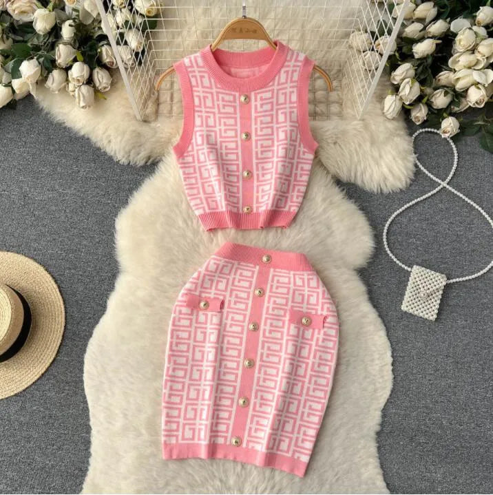 Designer Women Tracksuits Knitted Sleeveless Round Neck Tank Top+hip Wrap Short Skirt Fashion Two Piece Set