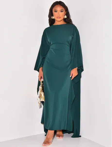 Casual Dresses Autumn Fashion Satin Party Dress Robe Abaya Muslim Women Elegant Solid Round Neck Bat Sleeves Loose Maxi