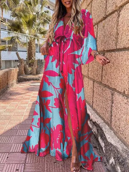 Basic Casual Dresses Summer Print Casual Women Dresses Oversized Holiday Beach Dress Boho Long Cover-Up Dress Female Long Sleeve Loose Tunic Dress 230818