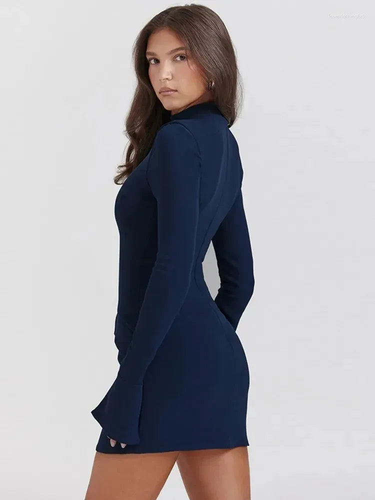 Casual Dresses Elegant Dark Blue Solid High Waist Mini Dress Women Fashion With Pocket Long Sleeve Bodycon Chic Party Club Robes