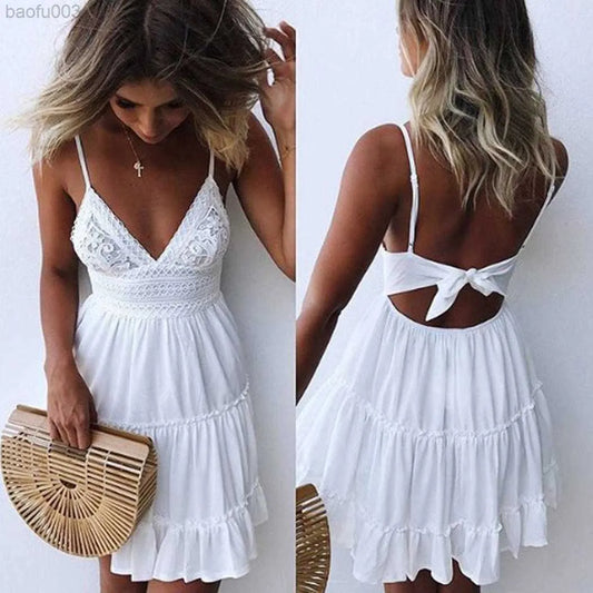 Casual Dresses Boho Summer designer Dress Women Sexy Strappy Lace White Mini Dresses Female Ladies Beach V Neck Party Black Yellow Pink Sundress skims for W0227