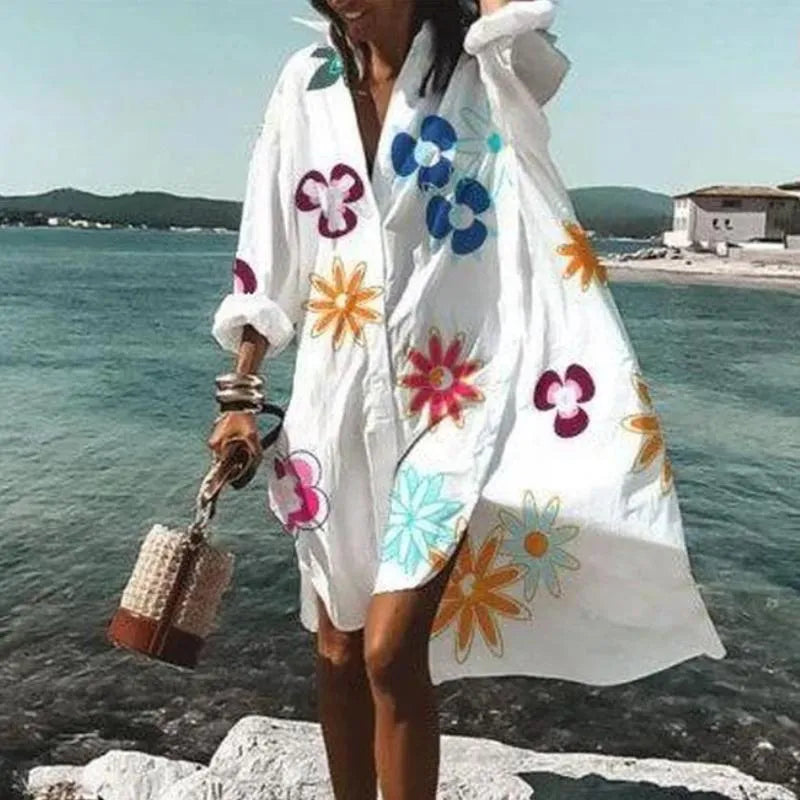 Casual Dresses Oversized Shirt Dress Women Summer Print Button Long Sleeve Loose Beach Female Elegant Bohemian Vacation SundressCasual