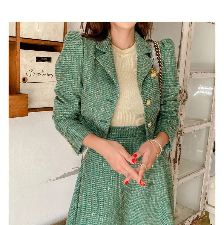 Two Piece Dress Elegant Tweed Woolen Jacket and Long Skirt Two Piece Set Women Autumn Winter Dress Suit Fashion Designer Green Party Outf 2024