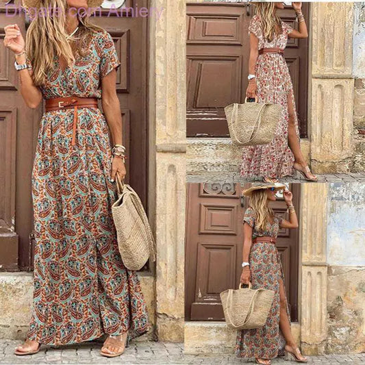 Women's Designer Summer Dress Fashion Bohemian V-neck Floral Elegant Beach Maxi Dresses For Woman Robes Vestidos Ladies Vacation Holidy Skirt