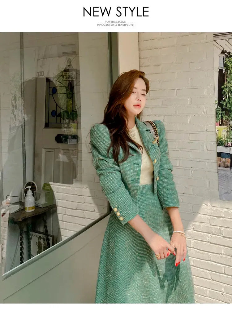 Two Piece Dress Elegant Tweed Woolen Jacket and Long Skirt Two Piece Set Women Autumn Winter Dress Suit Fashion Designer Green Party Outf 2024