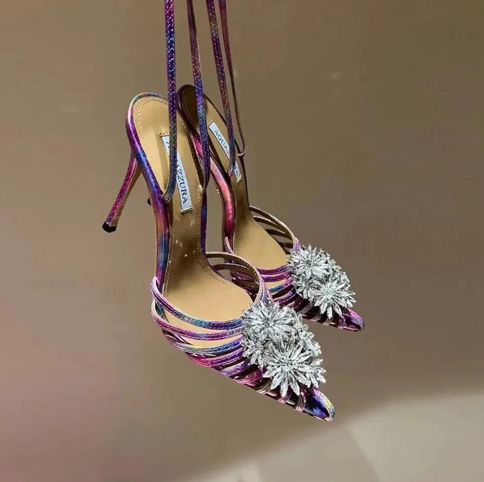 Aquazzura Crystal Margarita Pump heels 105mm Nero flower Rhinestone decoration High heeled dress shoes Pointed Toes Ankle Strap Stiletto Heel sandal party shoes