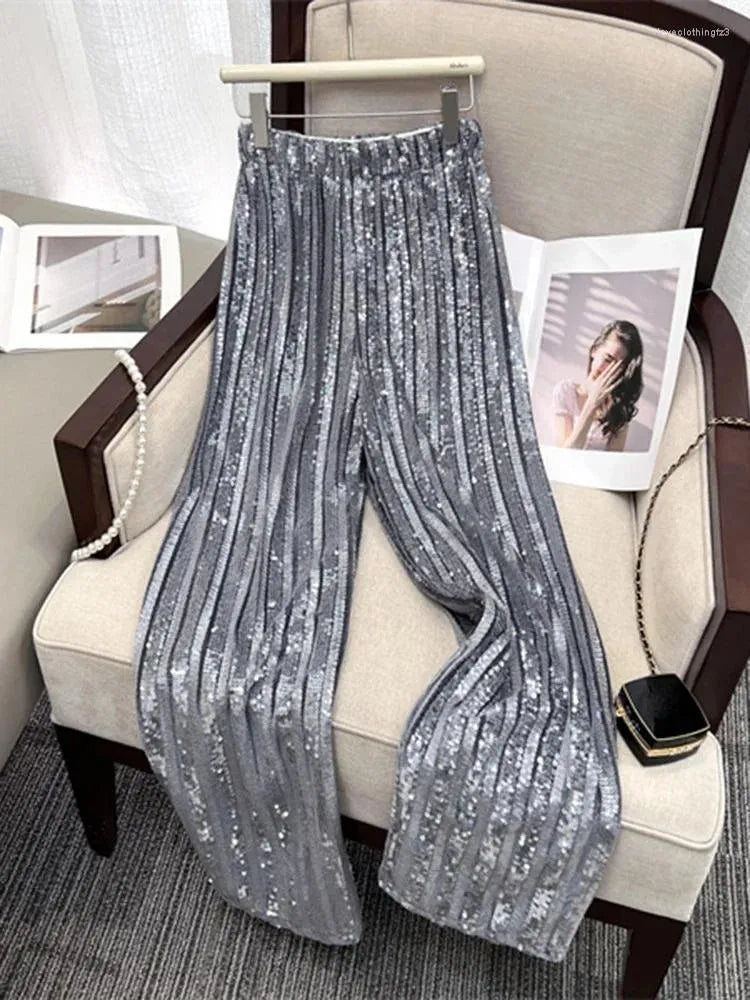 Women's Pants Circyy Sequins Women High Waisted Glitter Loose Wide Leg Trousers Vintage Fashion Full Length Shiny Straight Pant