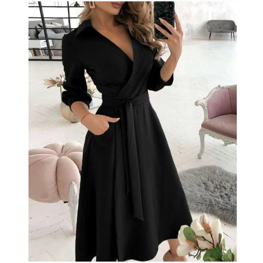 Designer Maxi Dresses For Women V Neck Long Shirt Chain Print Lapel Neck Party Dress Casual Long Sleeve Oversized Spring And Summer Ladies Full Length Skirt