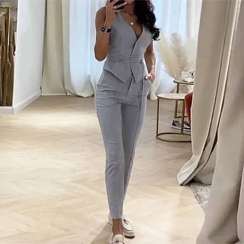 Womens Two Piece Pants Summer Bandage Office Commute 2 Pieces Sets Women European Style Vneck Sleeveless Vest Sexy High Waist Pencil 230222