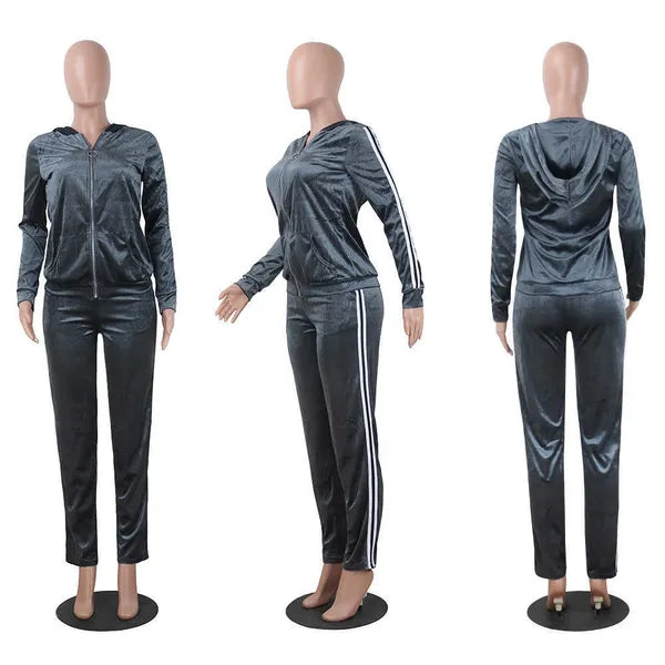 Women's Tracksuits New Arrival Womens Strip Spliced Velvet Tracksuit Winter Two Piece Set Top and Pants Full Sleeve Casual Velour Swea269o