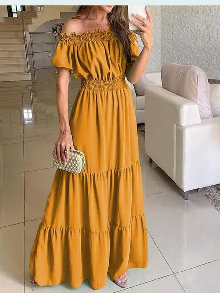 Basic Casual Dresses 2024 Summer Solid Boho Dress Women Fashion Elegant Beach Party Dress Casual Slash Neck Office Maxi Dresses For Woman Robe FemmeL2404